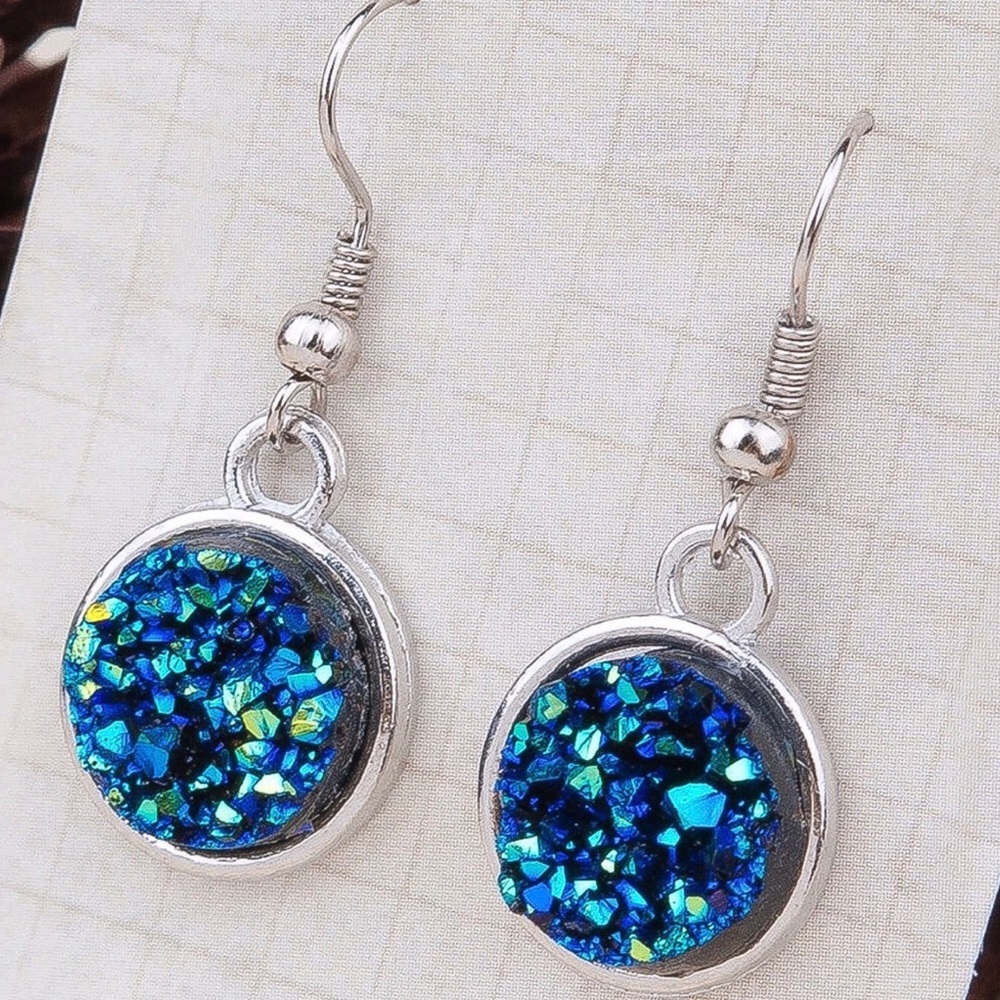 Silver Tone Druzy Button Drop Earrings - Picture 2 of 3